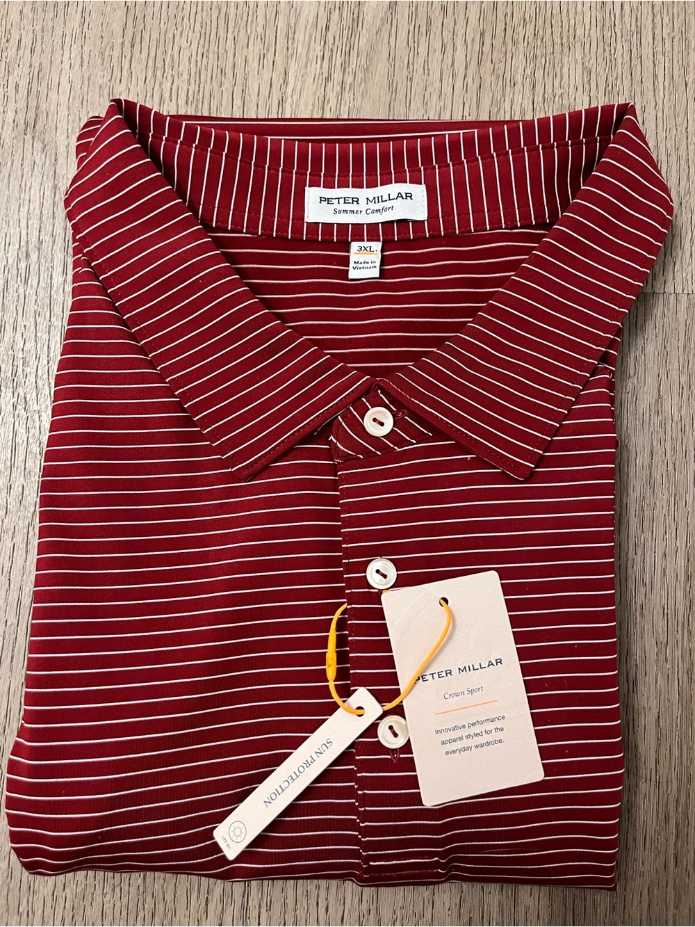 Peter Millar Crown Sport Summer Comfort Burgundy and White Striped Polo MSRP$140